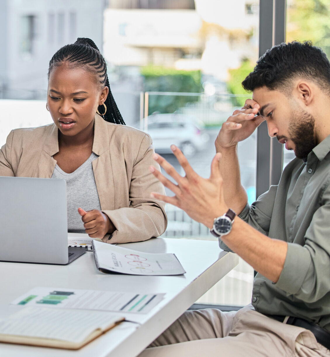 Laptop, planning or business people meeting for tax audit report or financial statement in company. Accounting, team work or employees with strategy for finance paperwork, logistics or data analysis.